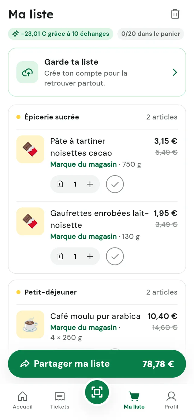 Écran Ma liste : 23,01 € économisés grâce à 10 échanges, rangés par rayon.