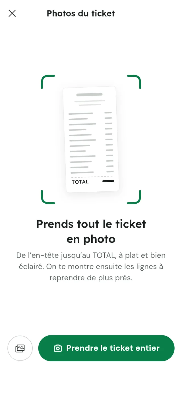 Écran photo du ticket : prends tout le ticket en photo, de l'en-tête jusqu'au total.